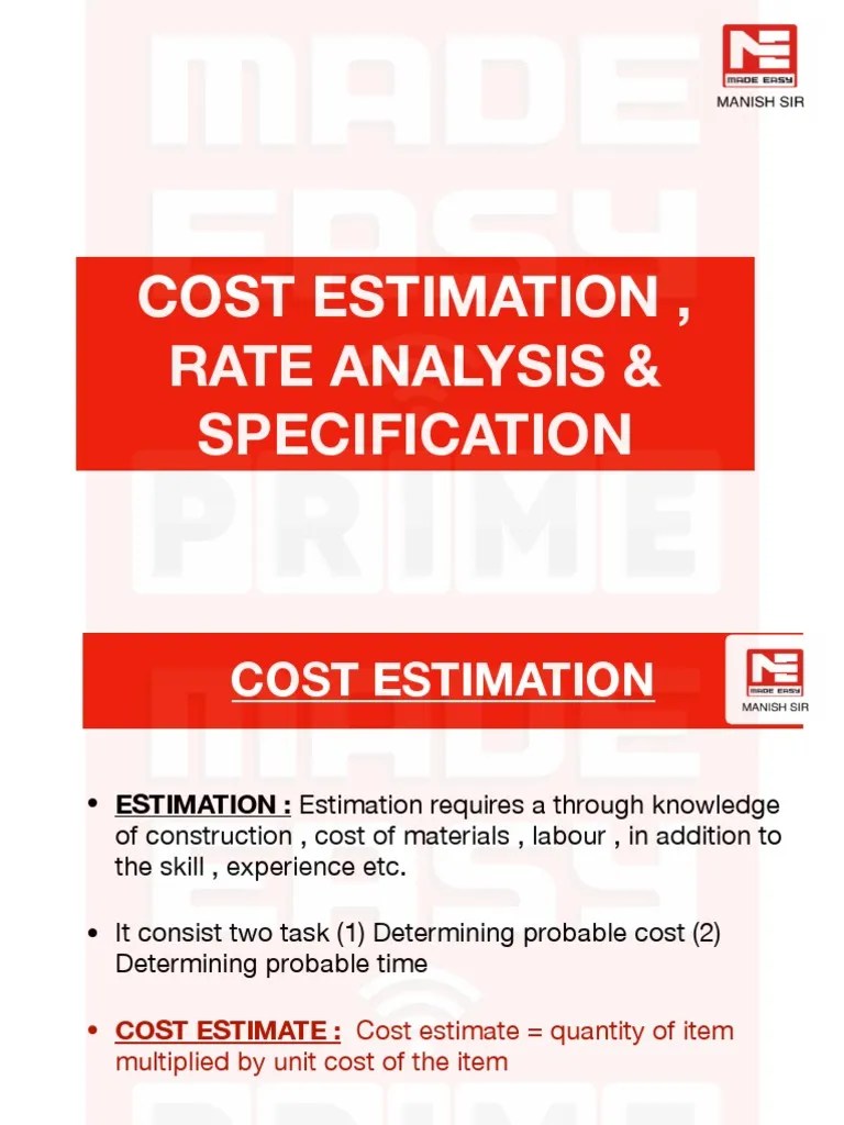 Cost Estimation, Rate Analysis & Specification PDF Specification