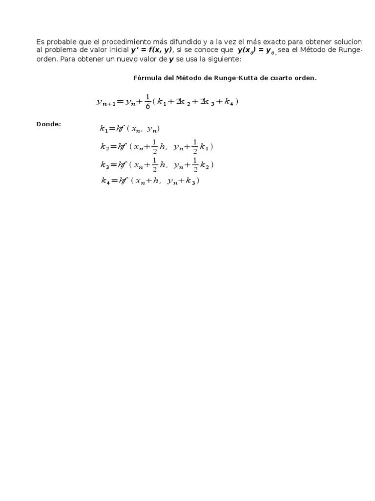 Ejemplos de Ejercicios Metodo de RungeKutta PDF Sustracción