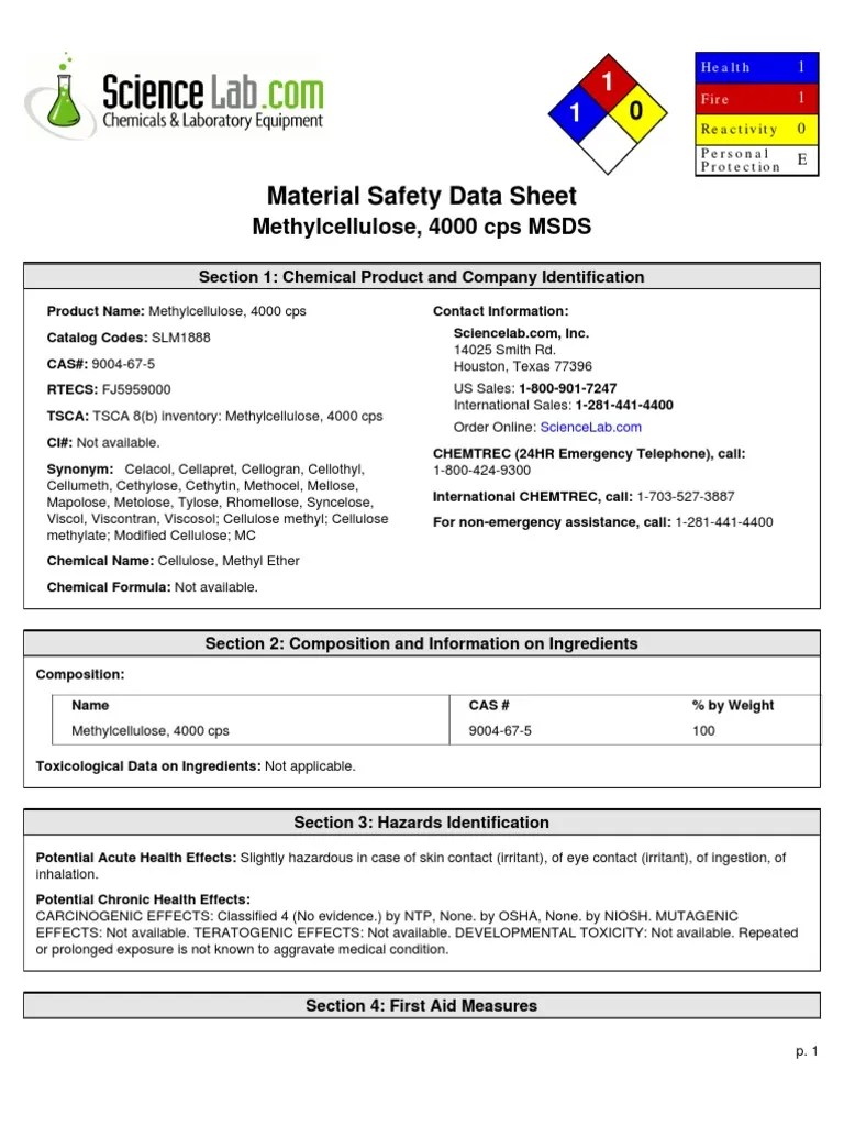 Methyl Cellulose Msds Flammability Toxicity