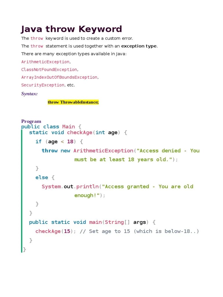 Throw Keyword Notes PDF