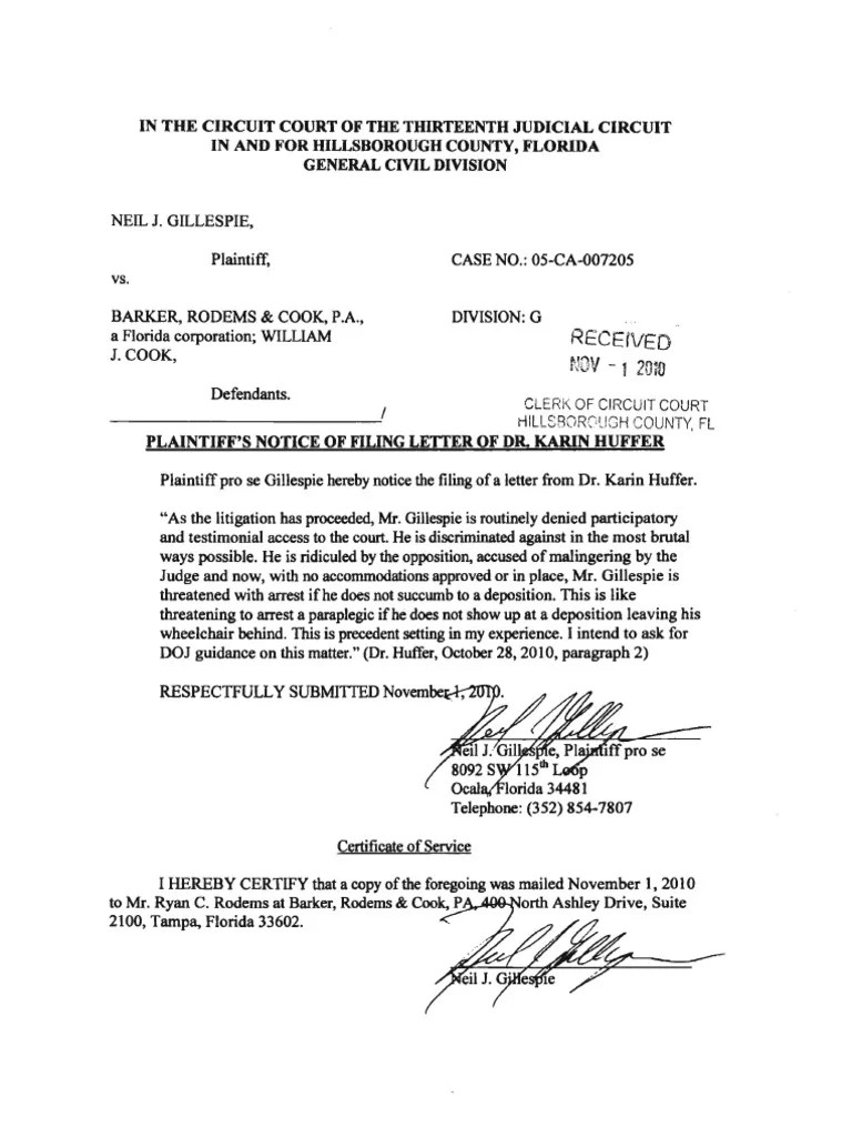 Notice of Filing Letter, Dr. Karin Huffer, Nov012010 Americans With