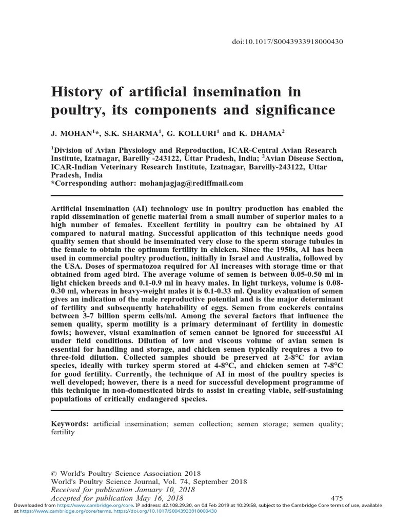 History of Artificial Insemination in Poultry Its Components and Significance PDF Semen
