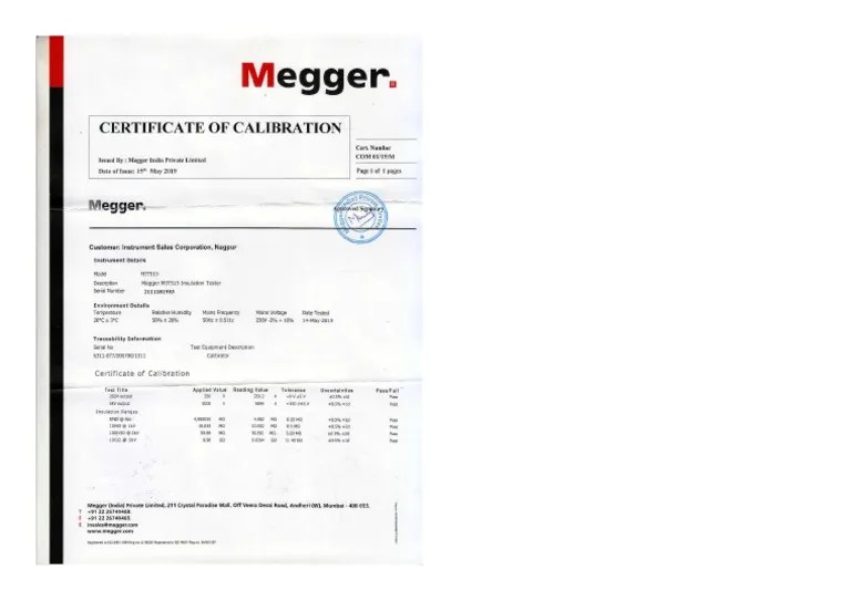 Megger Calibration Certificate PDF