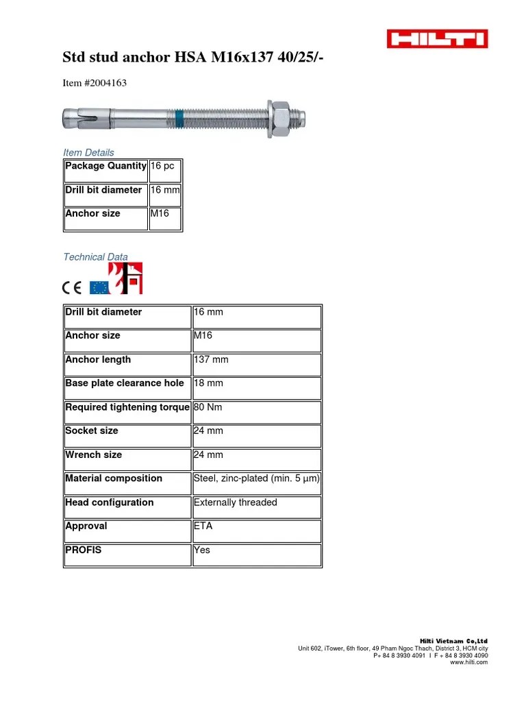 Hilti STD Stud Anchor HSA M16x137 PDF