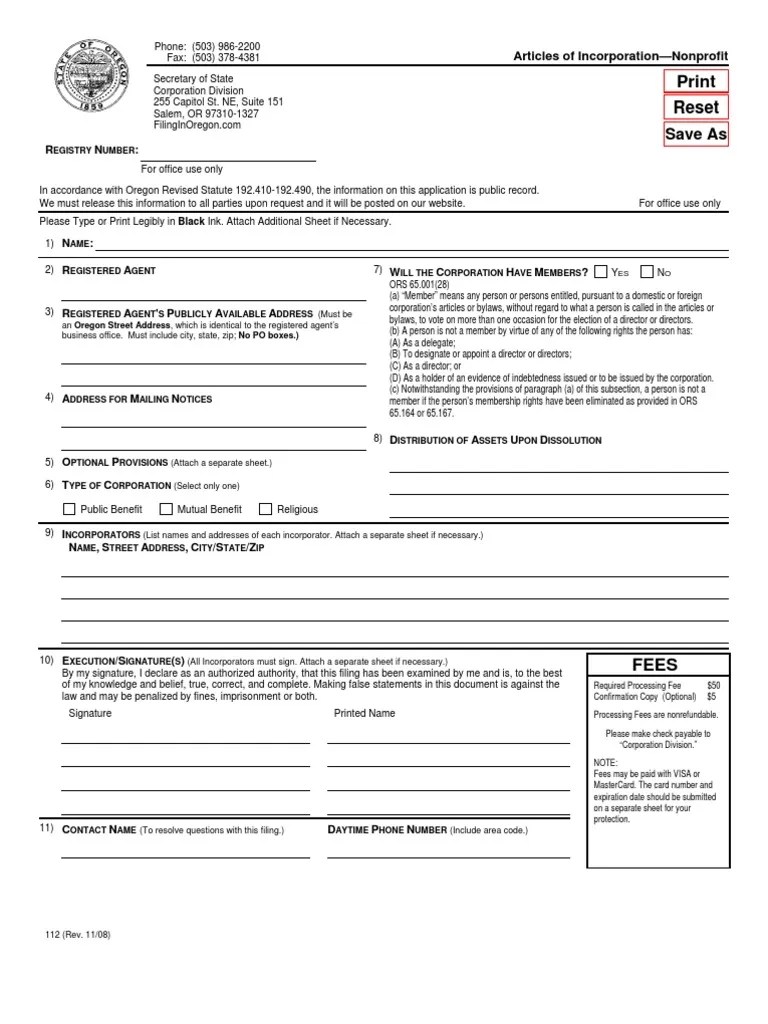 Articles of Incorporation Oregon 501(C) Organization Internal