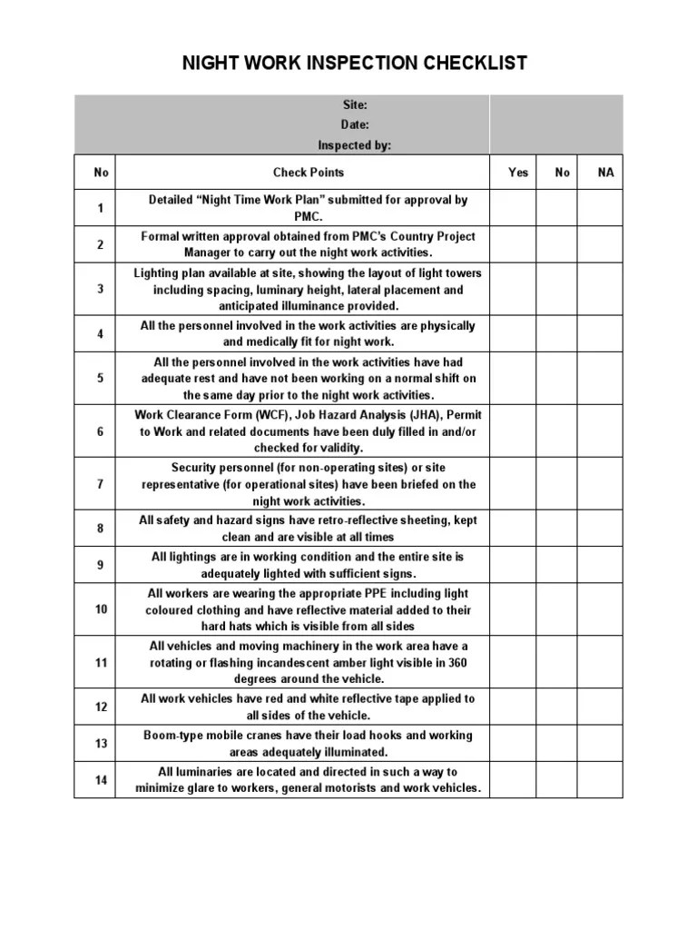 Night Work Inspection Checklist PDF