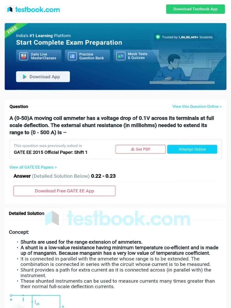 A 0 50a Moving Coil Ammeter Has A Voltage Drop o