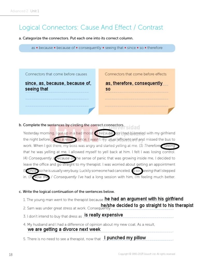 Logical Connectors Cause and Effect / Contrast PDF Psychology