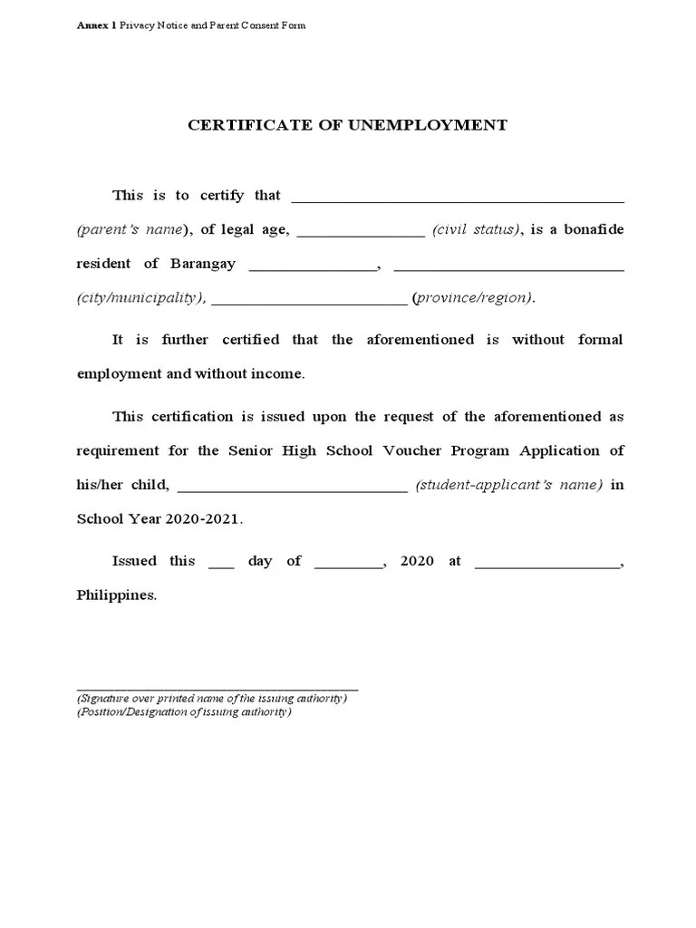 Certificate of Unemployment PDF School Voucher Social Institutions