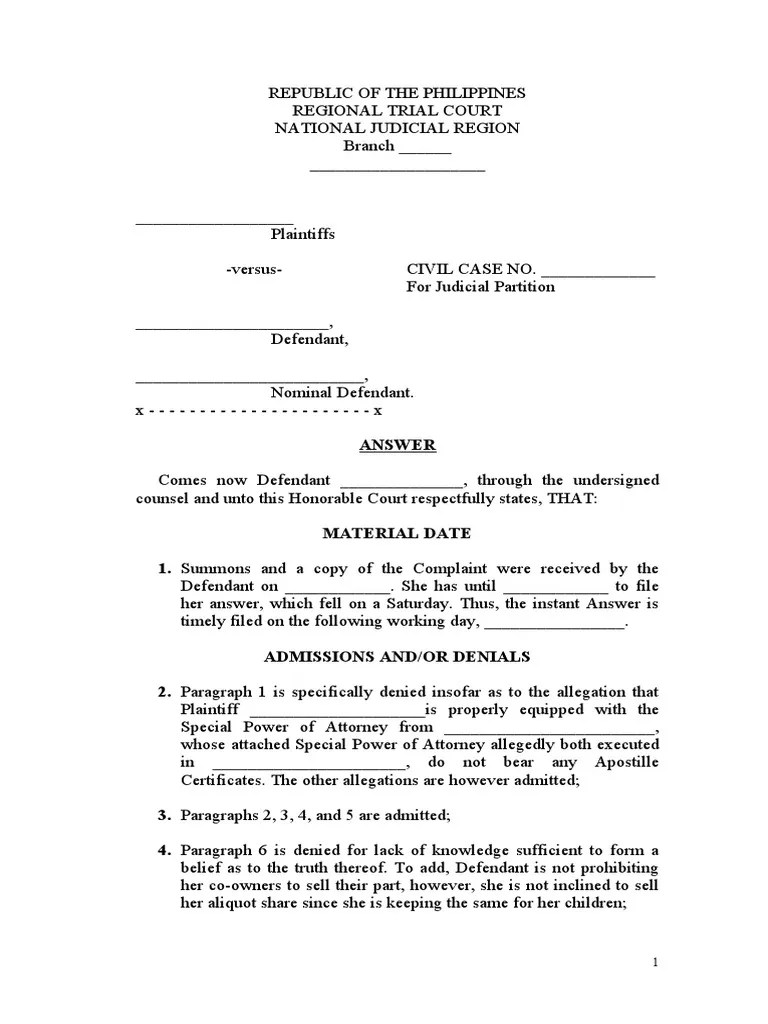 Sample Answer On Judicial Partition PDF Complaint Lawsuit