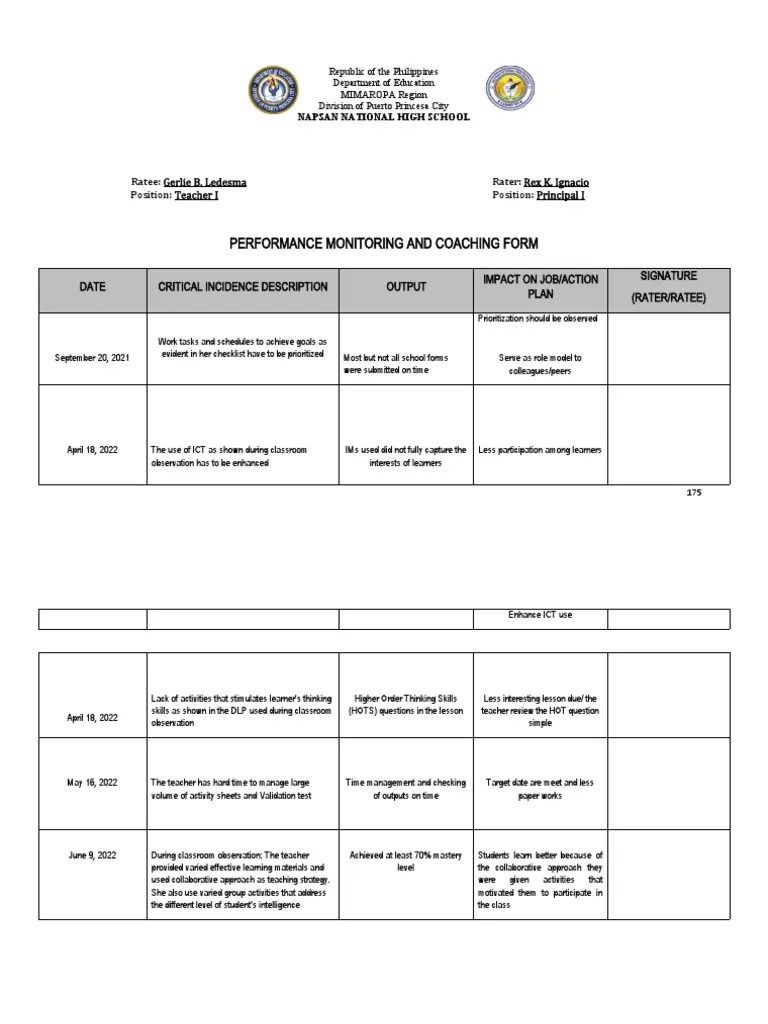 Performance Monitoring and Coaching Form PDF Teachers Educational