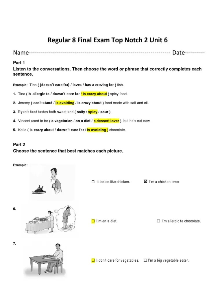 Final Exam TOP Notch 2 Unit 6 PDF Cuisine Taste