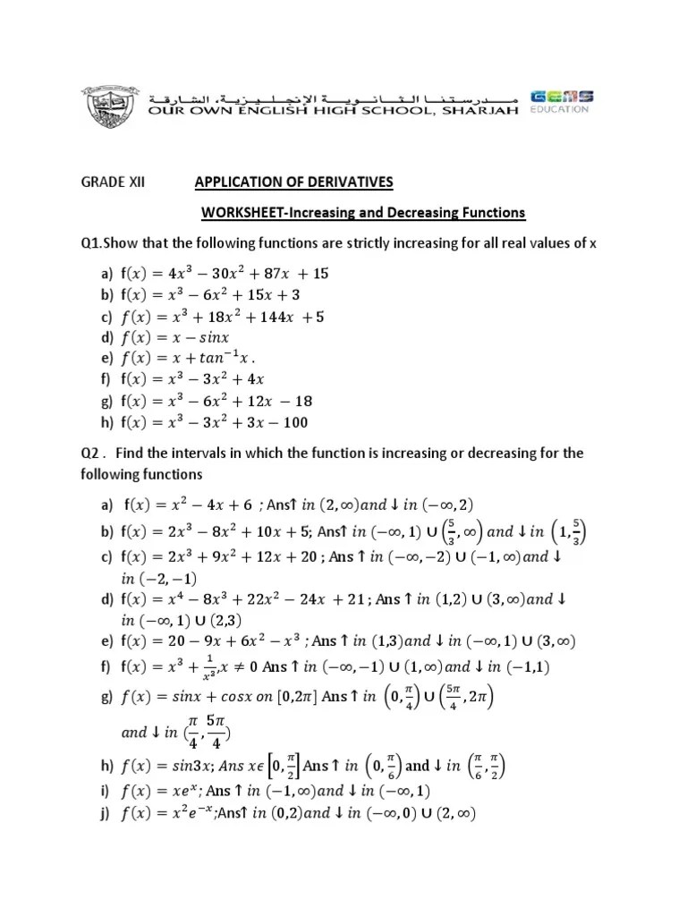 Worksheet Increasing and Decreasing Functions PDF Analysis Functions And Mappings