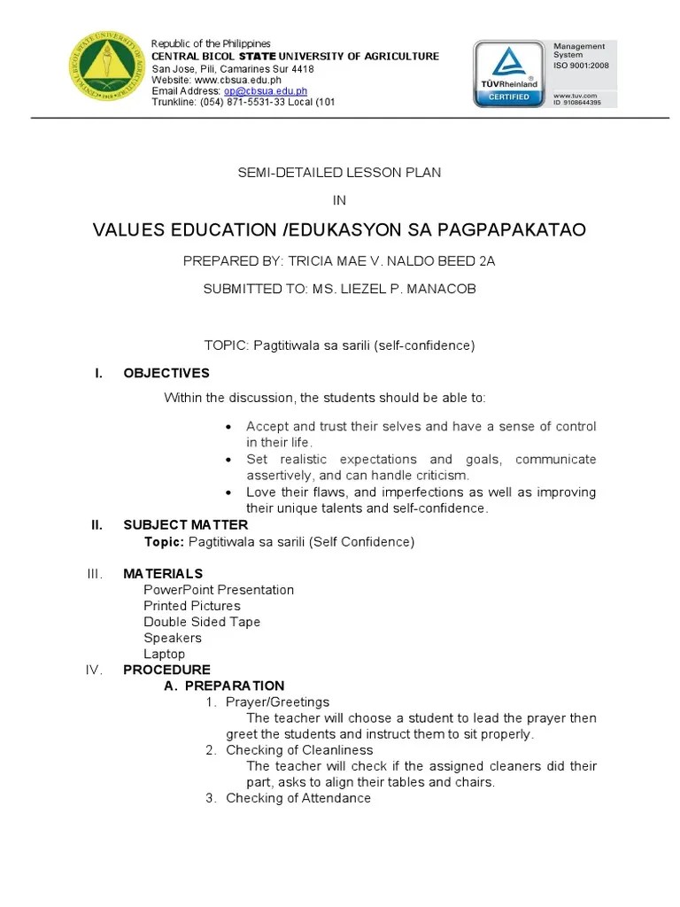 semidetailed lesson plan in Multigrade teaching PDF Self Esteem Lesson Plan