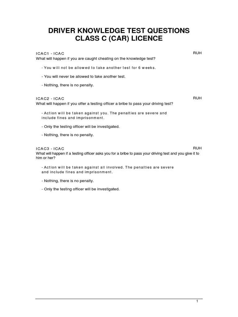 Driver Knowledge Test Questions Class C (Car) Licence PDF Traffic Alcoholic Drinks