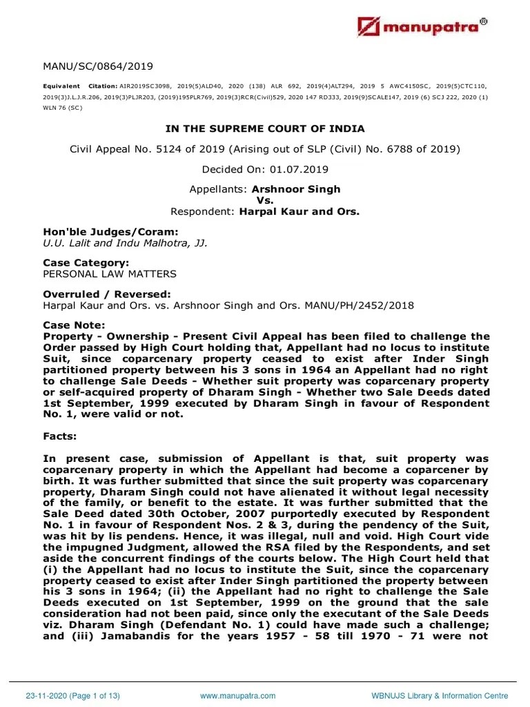 Arshnoor Singh Vs Harpal Kaur and Ors Ancestral Property