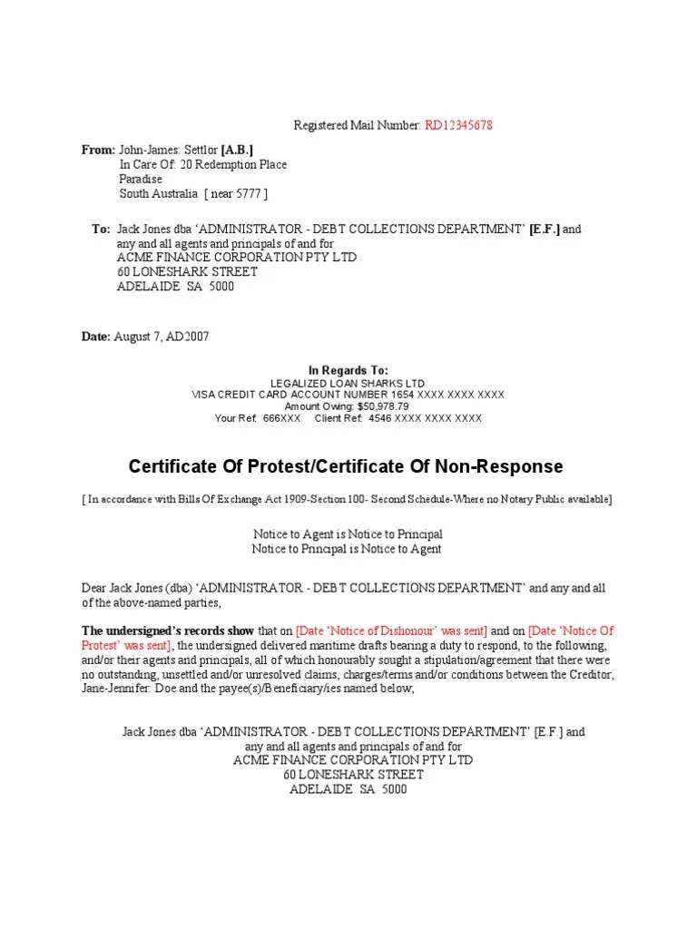 005 KWM CSI Certificate of Protest Collection Agency Debt