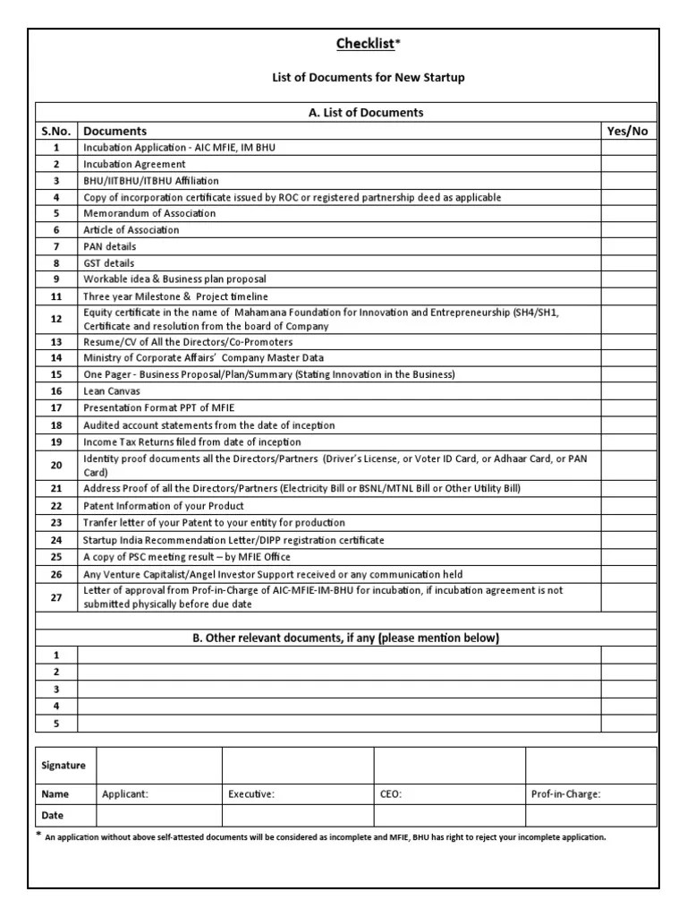 Checklist for Incubation PDF Startup Company Small Business