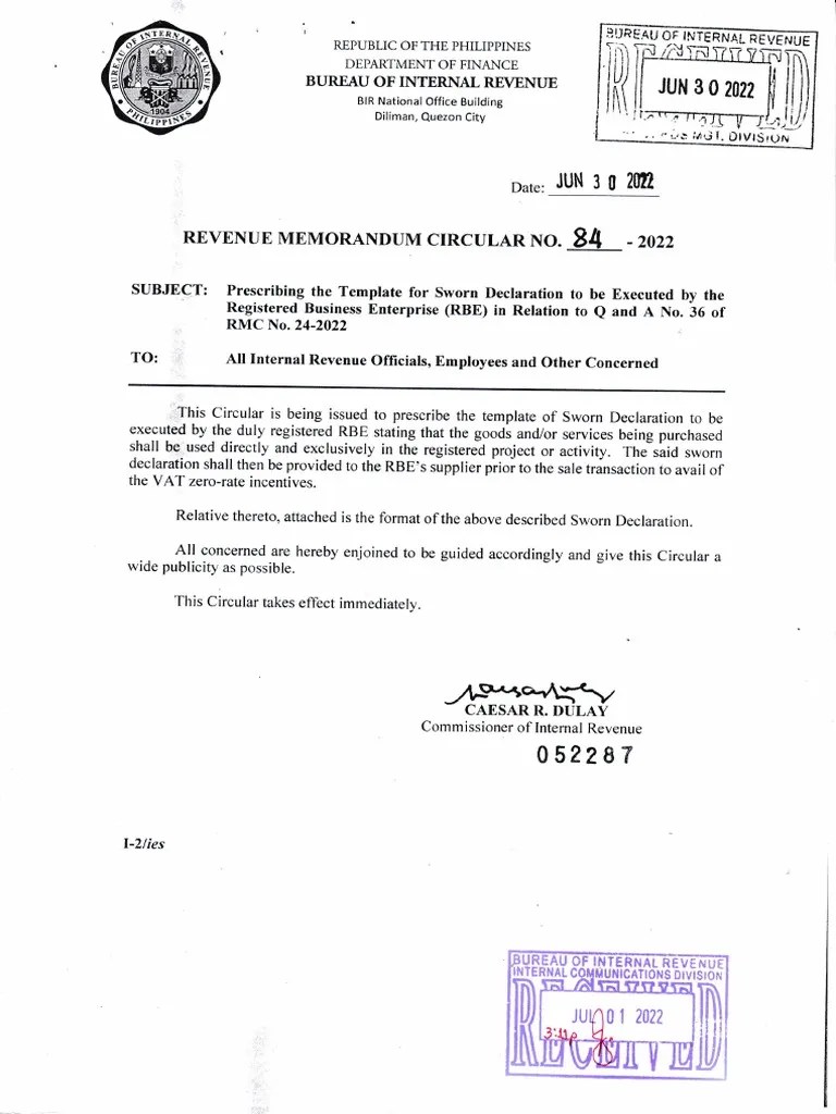 BIR RMC No. 842022 Sworn Declaration Template For RBEs PDF