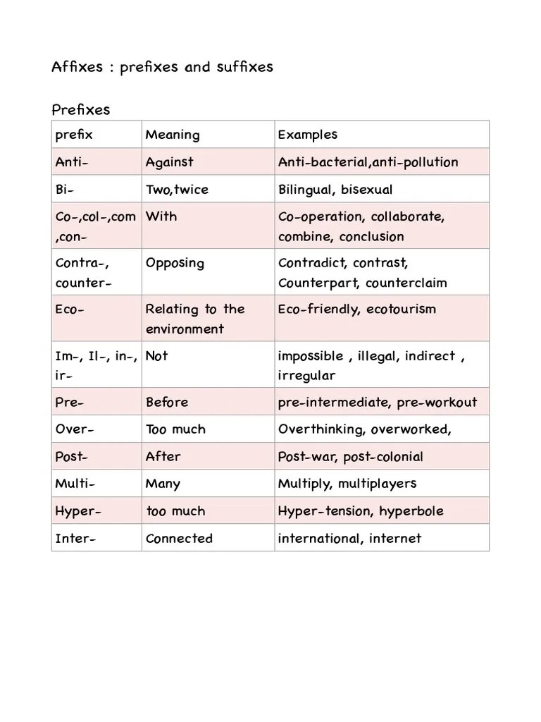 Affixes Prefixes and Suffixes Prefixes PDF Integumentary System Human Hair