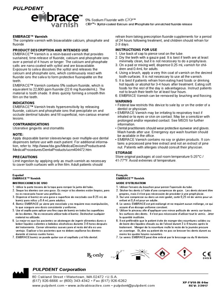 Pulpdent Embrace Varnish Ifu PDF Fluoride Chemical Substances