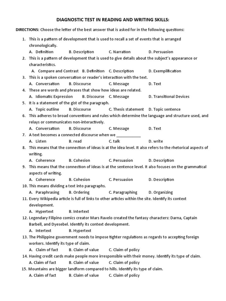 DIAGNOSTICTESTINREADINGANDWRITINGSKILLS PDF Argument Essays
