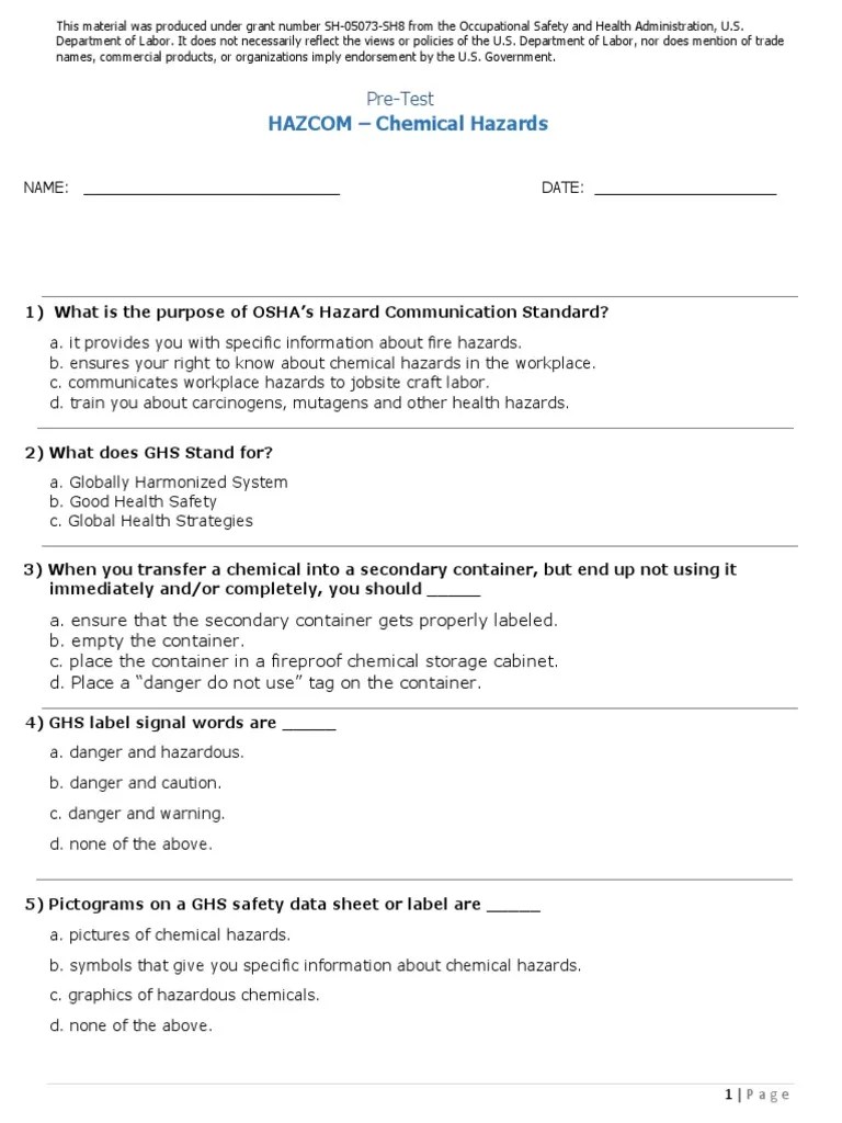 Chemical Hazards Pre Test & Answer Key PDF Safety