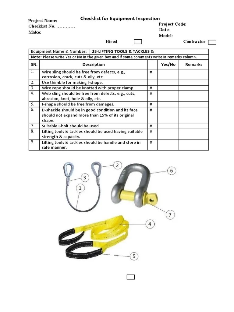 Checklist For Equipment Inspection Lifting Tools Tackles PDF