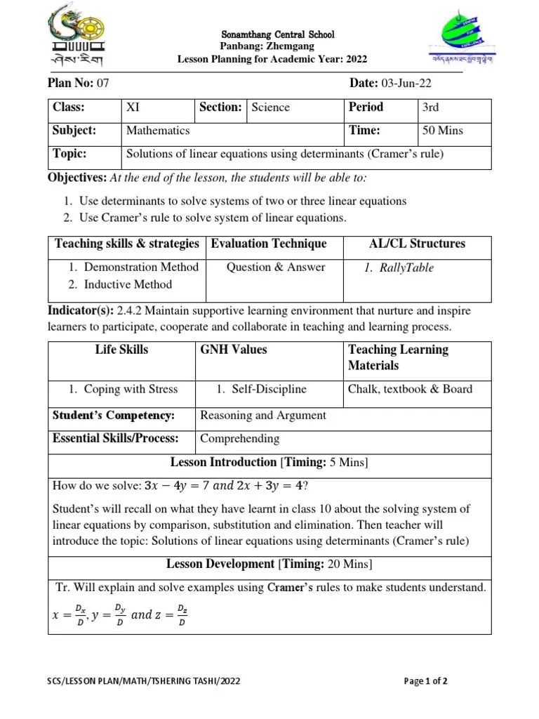 ClXI LP07 Cramer's rule PDF Teaching Method Lesson Plan
