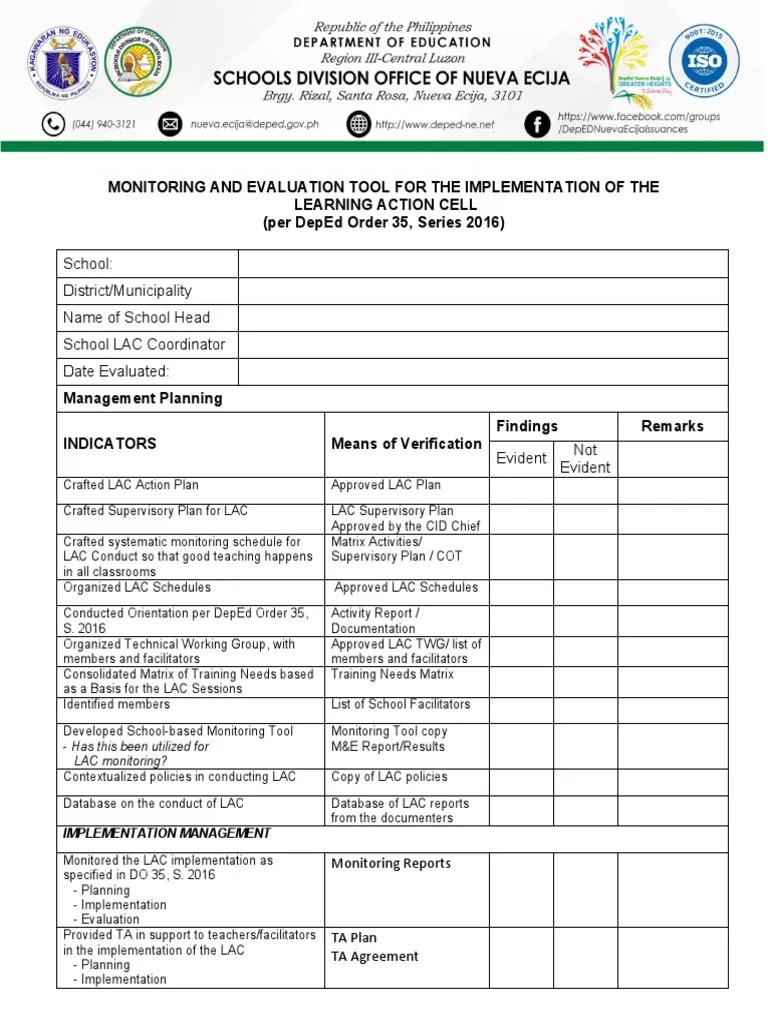 Monitoring and Evaluation Tool For The Implementation of The Learning