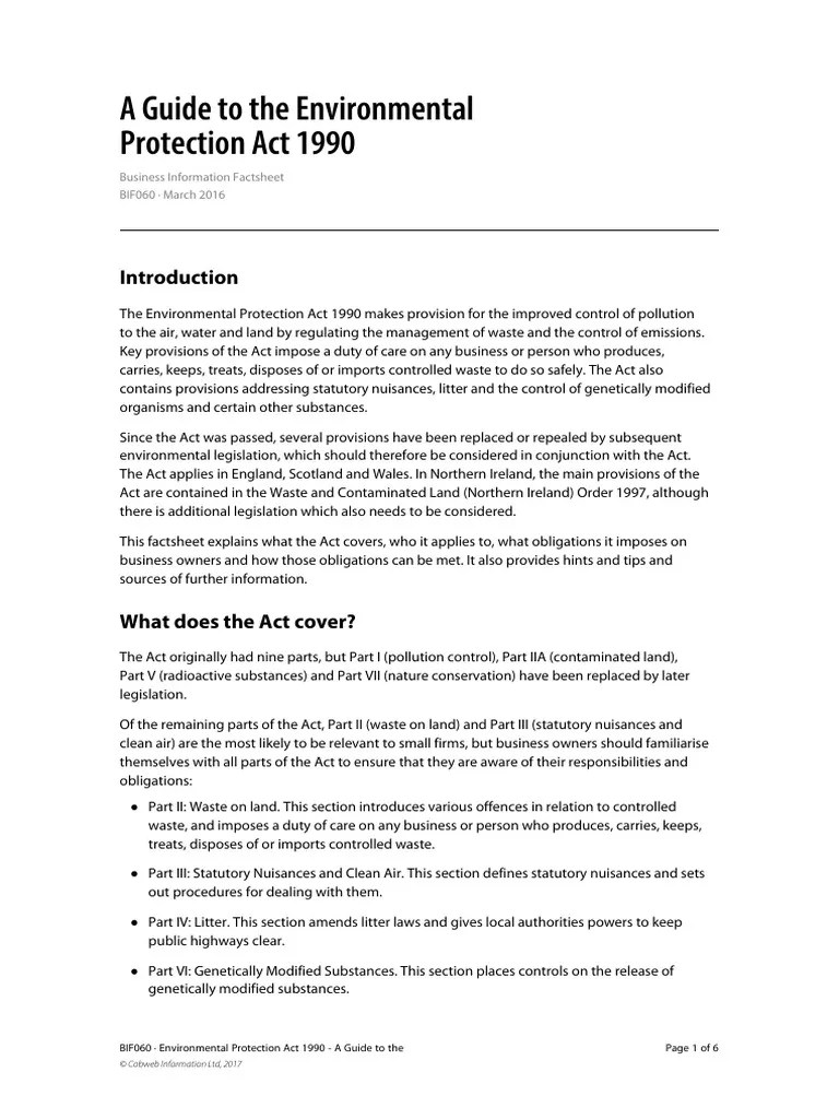 A Guide To The Environmental Protection Act 1990 PDF Pollution