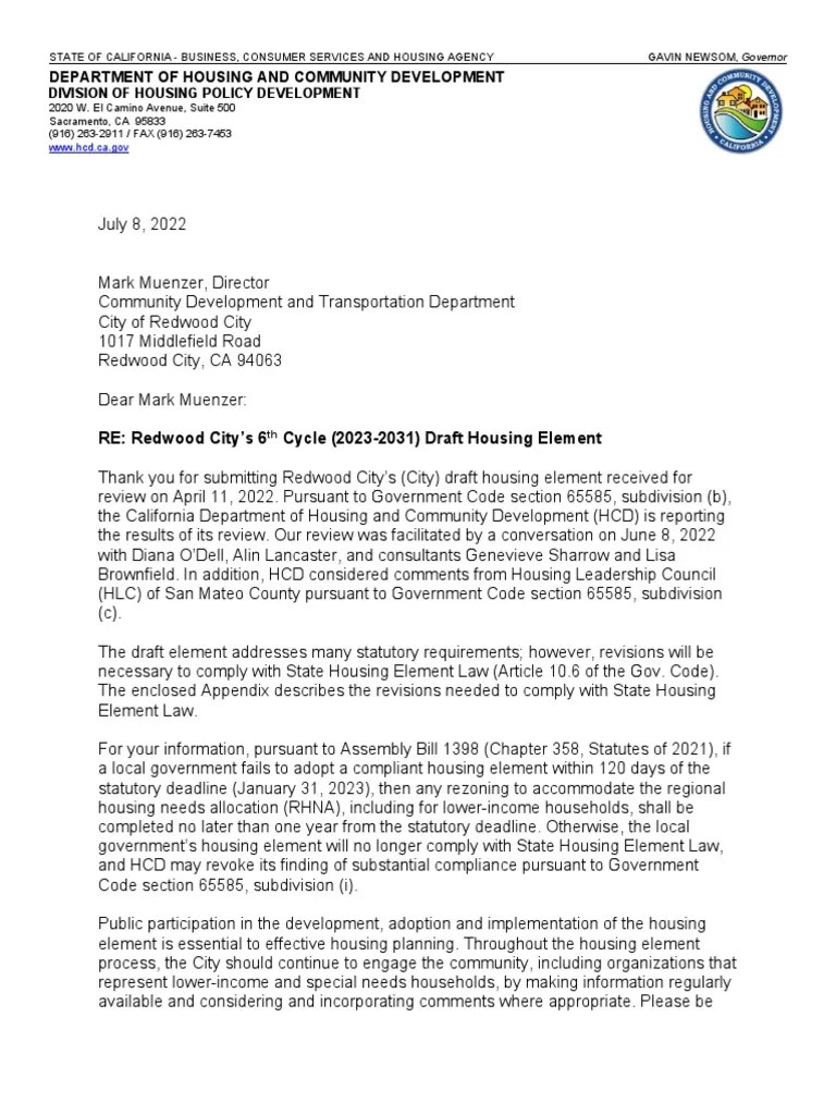 Feedback From The California Housing Department (HCD) On Redwood City