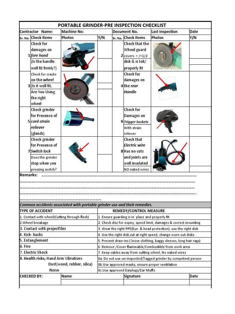 Portable GrinderPre Inspection Checklist PDF Personal Protective