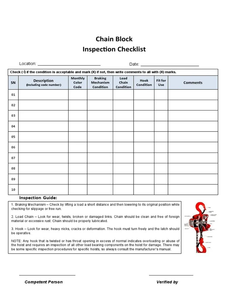 Chain Block Inspection Checklist PDF