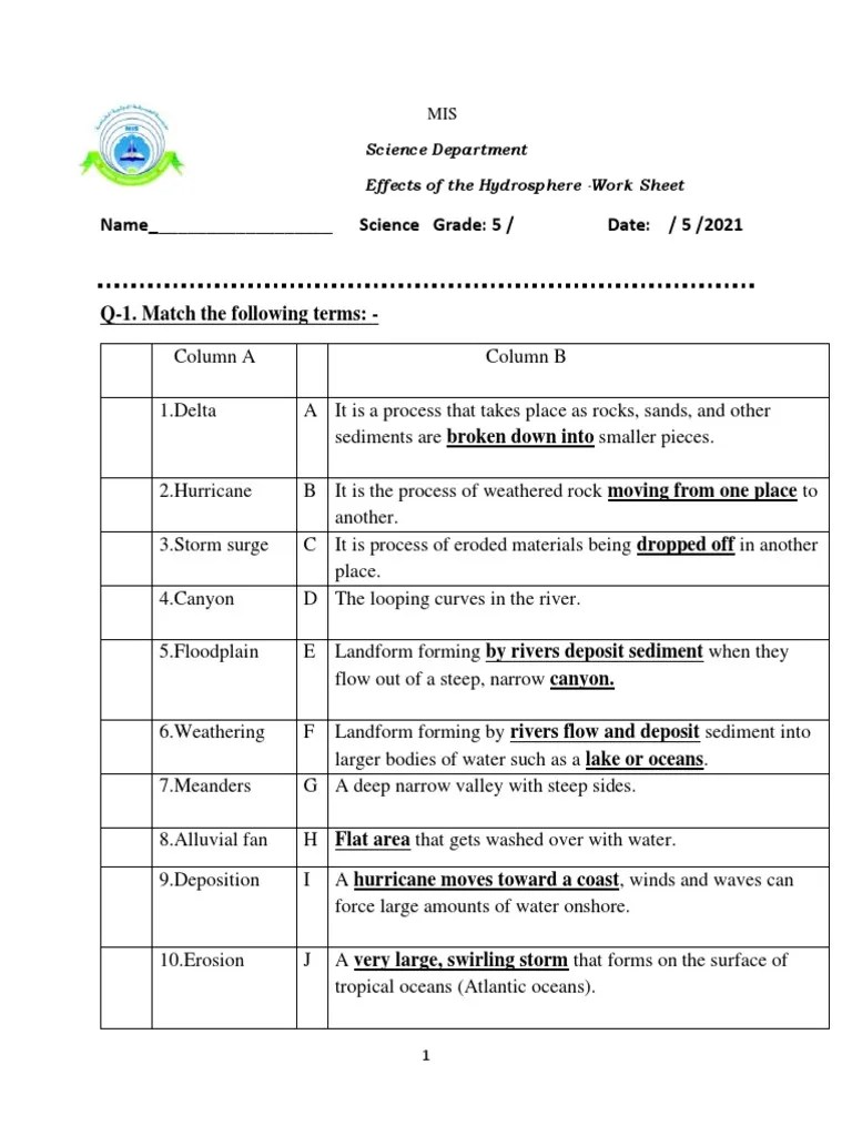 Effects of The Hydrosphere - Worksheet With Answer | PDF | Erosion | River