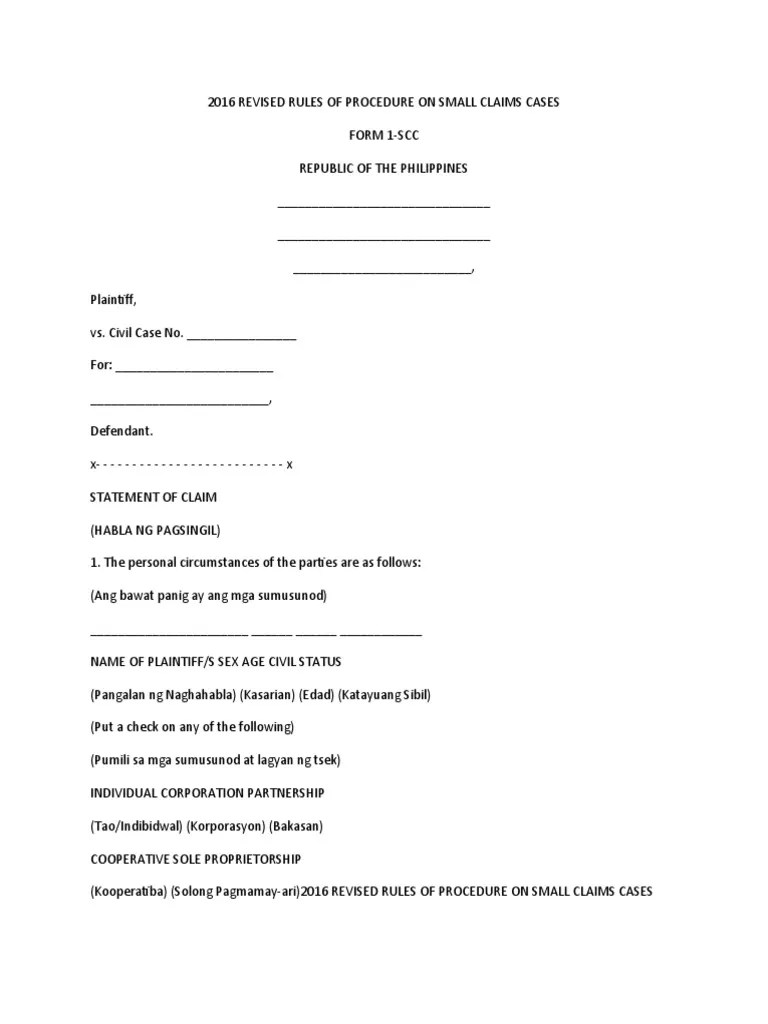 2016 Revised Rules of Procedure On Small Claims Cases PDF Lawsuit