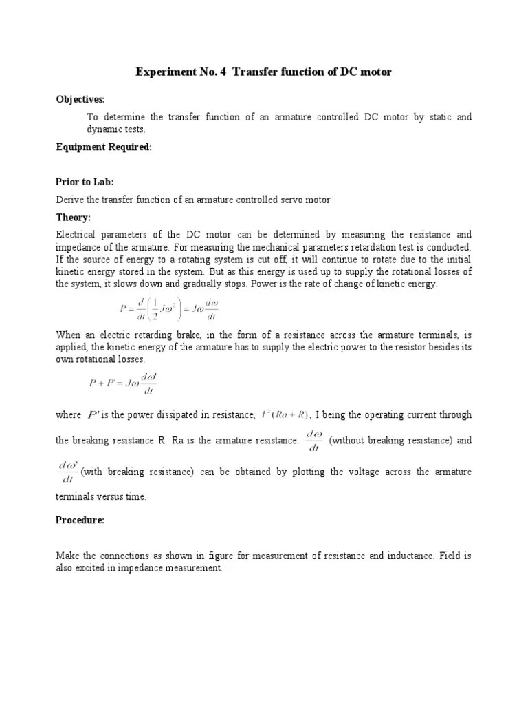 Experiment No. 4 Transfer Function of DC Motor Objectives Download Free PDF Electric Motor