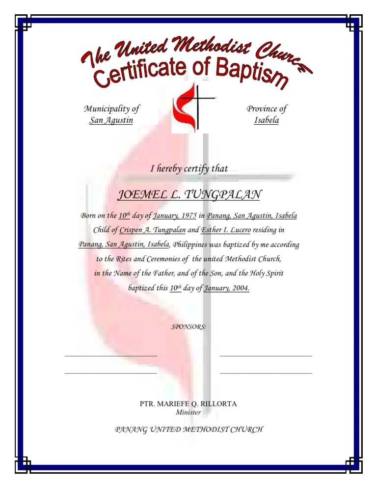 UMC BAPTISM CERTIFICATE