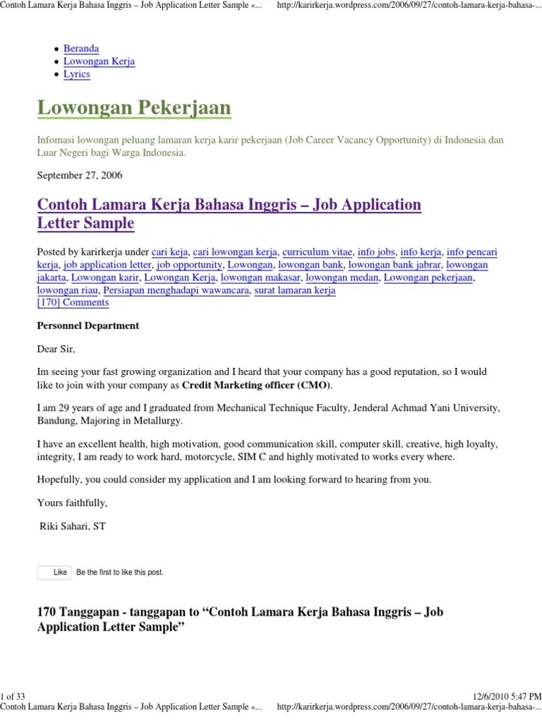 Contoh Lamara Kerja Bahasa Inggris Job Application
