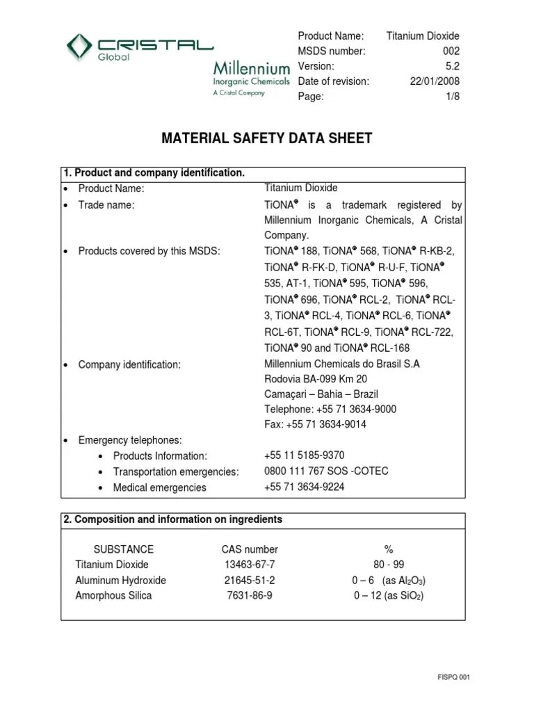 SDS TitaniumDioxide TIONA 59 PDF Titanium Dioxide Titanium