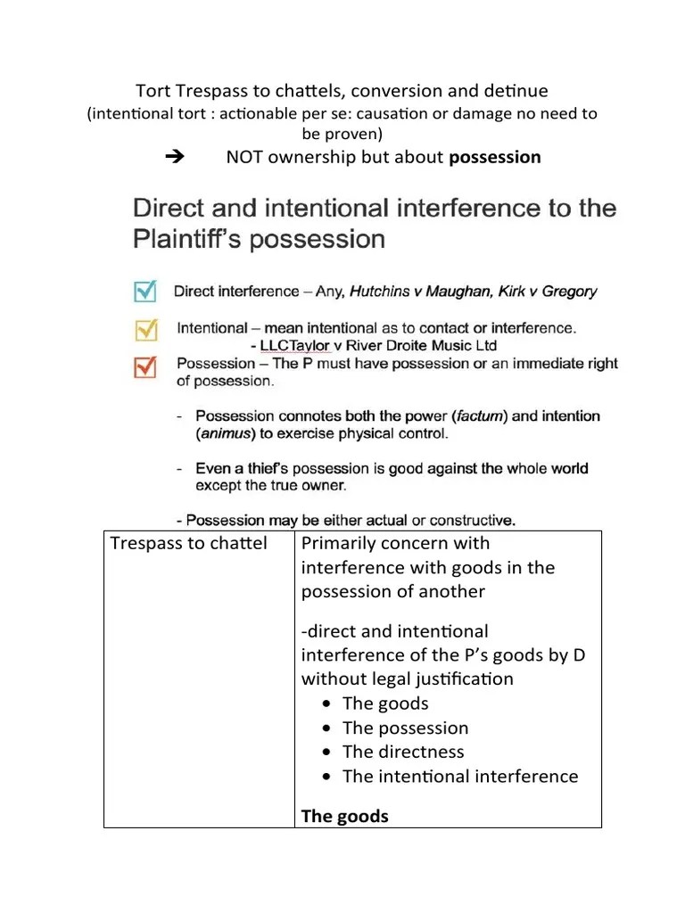 Tort Trespass To Chattels, Conversion and Detinue PDF Conversion