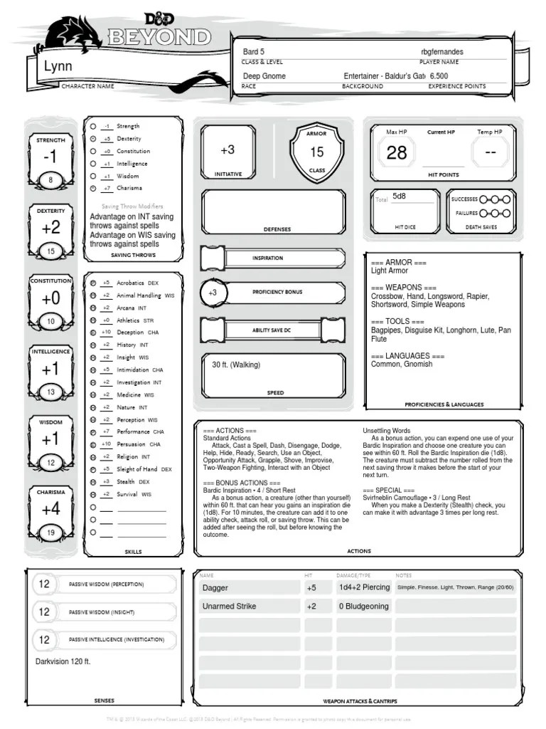 Bard 5 Rbgfernandes Saving Throw Modifiers Total PDF Dungeons