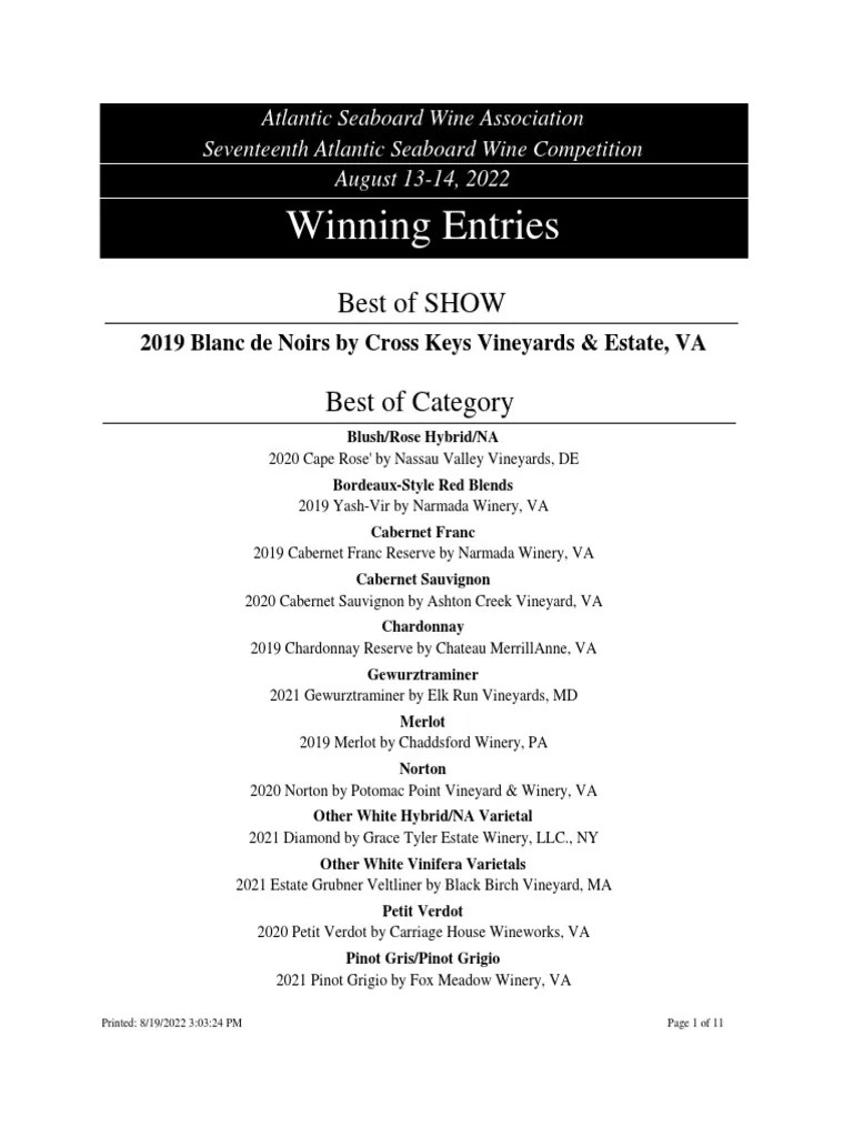 Atlantic Seaboard Wine Association 2022 Winners PDF Rose Winery