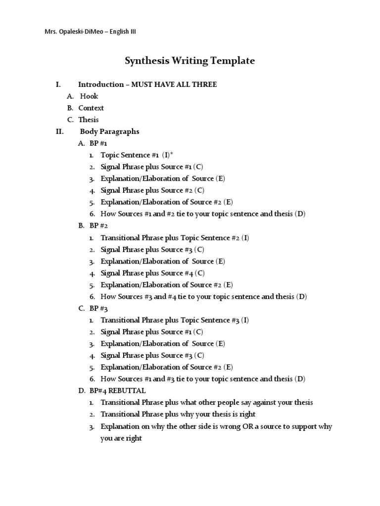 Synthesis Writing Template I. Introduction MUST HAVE ALL THREE PDF