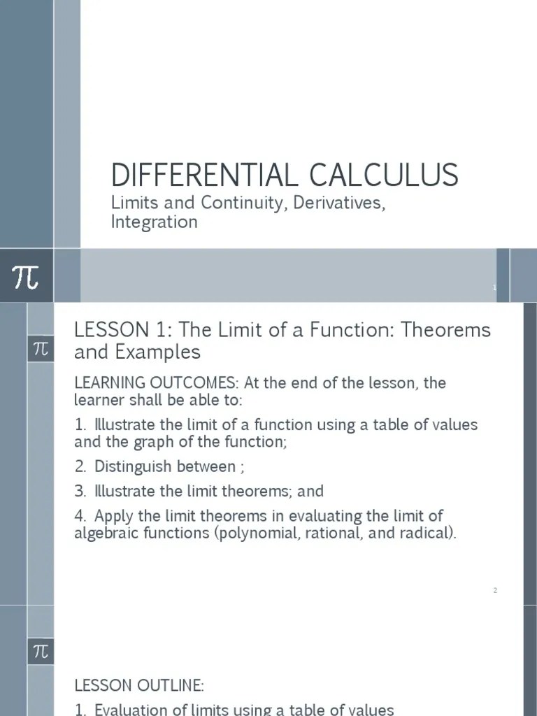 Differential Calculus Limits and Continuity, Derivatives, Integration