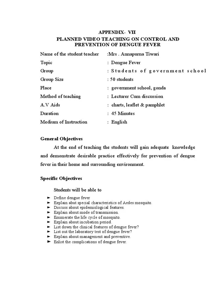 AppendixVii Planned Video Teaching On Control and Prevention of Dengue