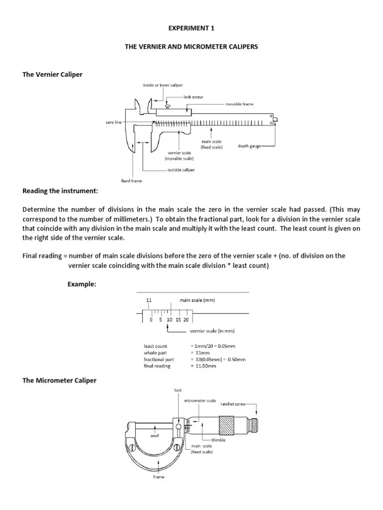 Experiment 1 The Vernier and Micrometer Calipers PDF Metrology