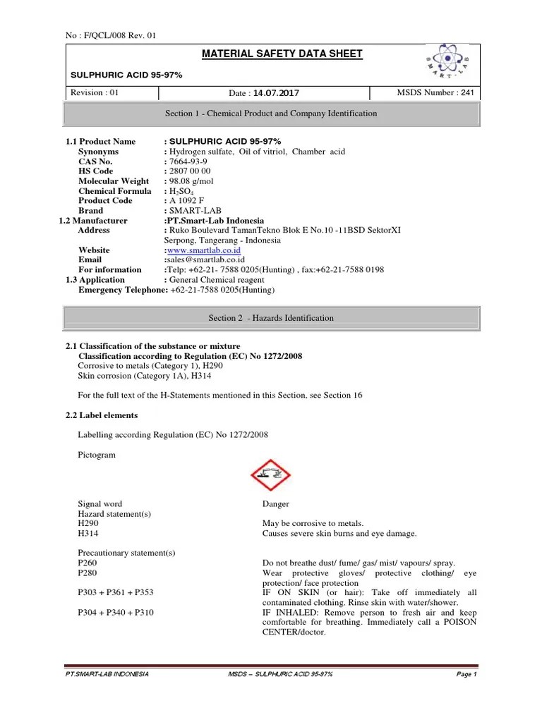 MSDS Sulphuric Acid 9597 PDF Sulfuric Acid Toxicity