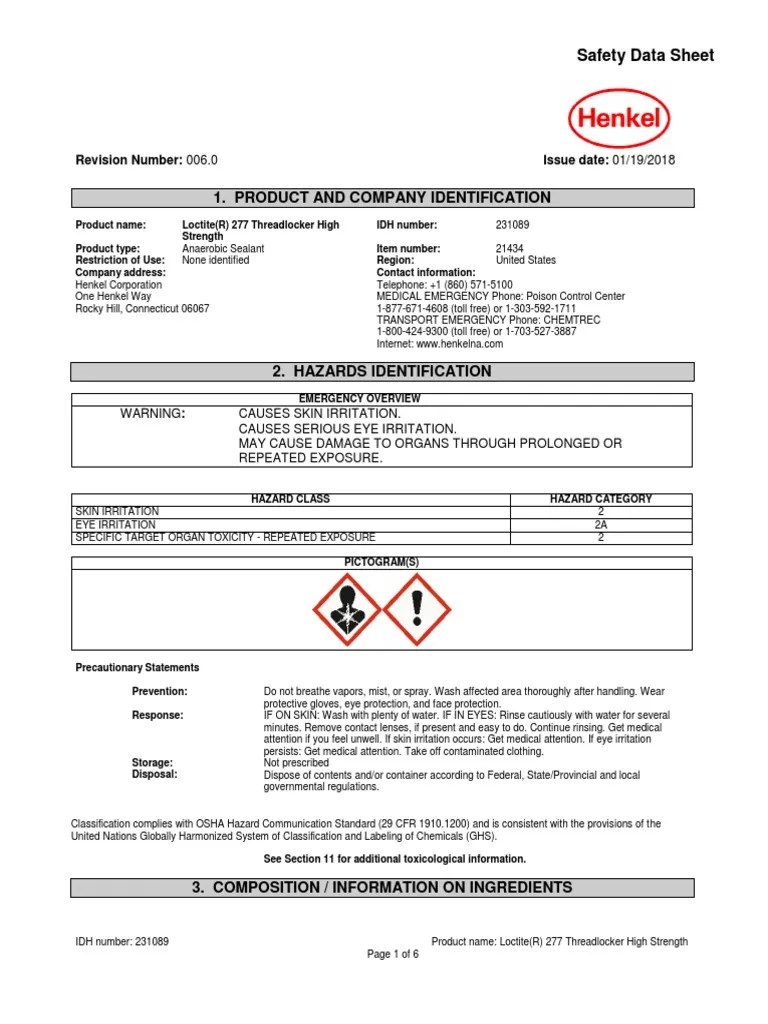 Safety Data Sheet for Loctite(R) 277 Threadlocker High Strength
