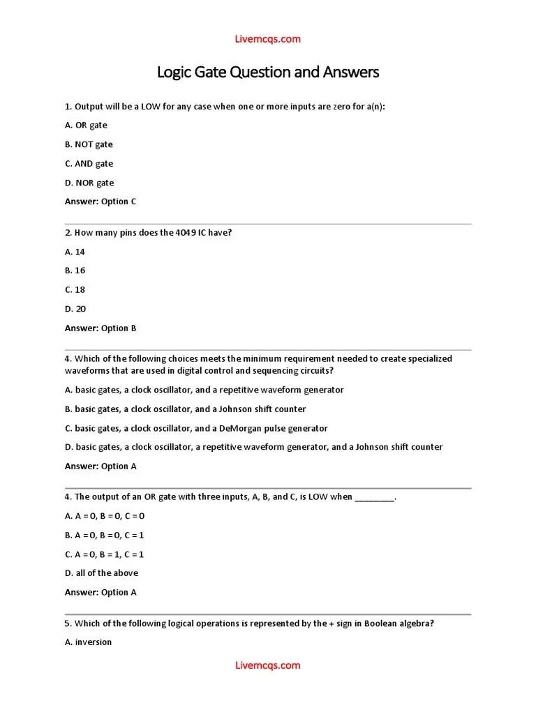 Logic Gate Question and Answers PDF Logic Gate Manufactured Goods